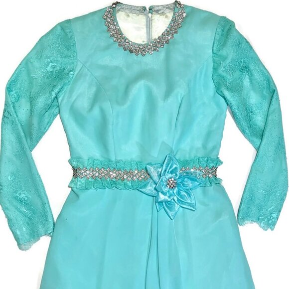 Vtg 60s 70s Holiday Formal Hostess Maxi Dress Gown Lace Rhinestone Chiffon M - Picture 2 of 6